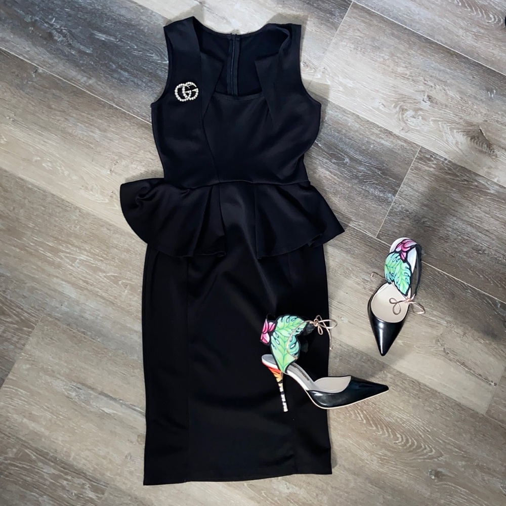 Sexy black peplum midi dress size small cocktail or business wear
